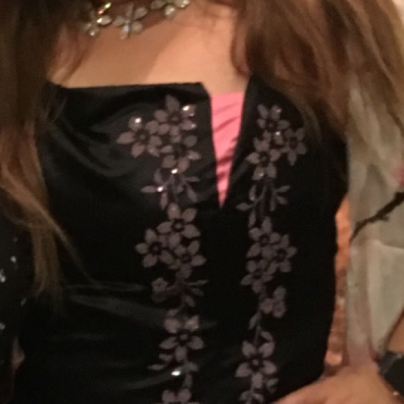 Cherry Blossom like flowers 🌸 long satin gown Black/Pink 🌸 - Picture 2 of 9